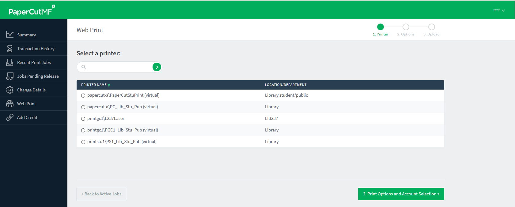 Image of Print Options and Account Selection screen