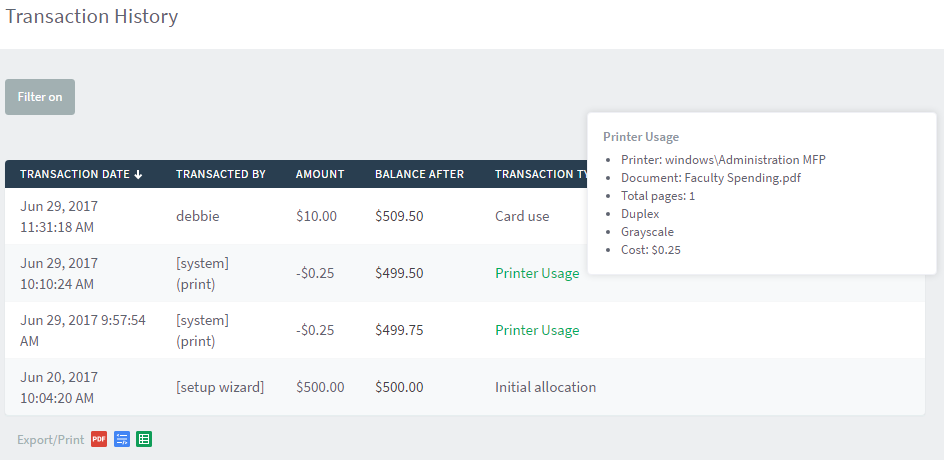 Image of Transaction History screen