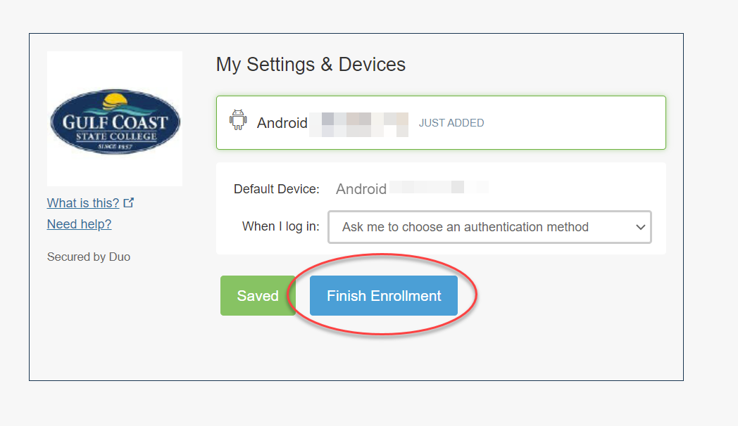 My Setting and Devices Finish Enrollment